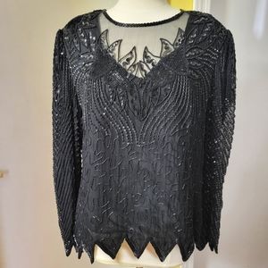 Vintage Laurence Kazar Black Sequin Silk Blouse size L